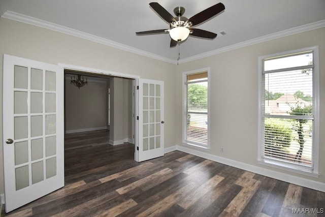 831 Windsong Loop, Wetumpka, AL 36093 - empty room featuring ornamental molding, dark wood-style flooring, french doors, and ceiling fan