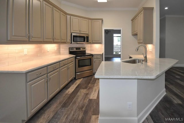 831 Windsong Loop, Wetumpka, AL 36093 - kitchen featuring stainless steel appliances, gray cabinetry, a peninsula, dark wood-style flooring, and decorative backsplash