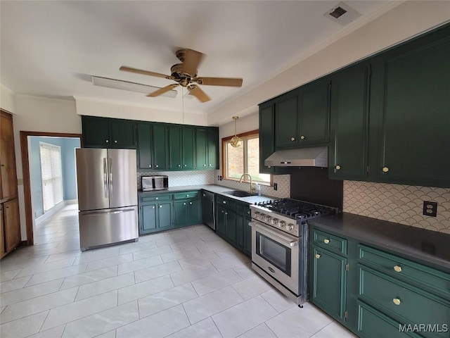 1412 Midlane Ct, Montgomery, AL 36106 - kitchen featuring stainless steel appliances, under cabinet range hood, backsplash, ceiling fan, and green cabinetry