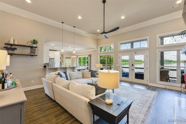 529 Hickory Dr, Wetumpka, AL 36092 - living room featuring dark wood-type flooring, crown molding, french doors, ceiling fan, and recessed lighting