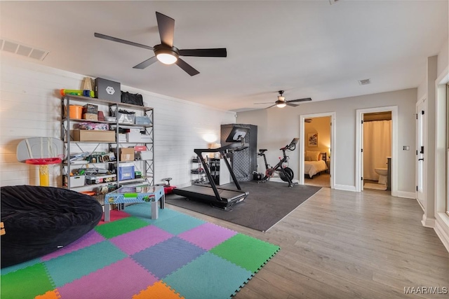 529 Hickory Dr, Wetumpka, AL 36092 - workout area with a ceiling fan and wood finished floors