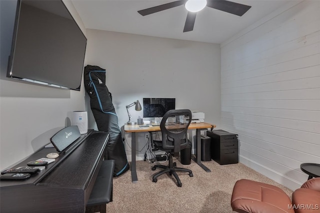 529 Hickory Dr, Wetumpka, AL 36092 - home office featuring carpet floors, ceiling fan, and wooden walls