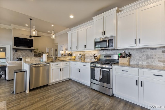 529 Hickory Dr, Wetumpka, AL 36092 - kitchen with stainless steel appliances, ornamental molding, white cabinets, tasteful backsplash, and a peninsula