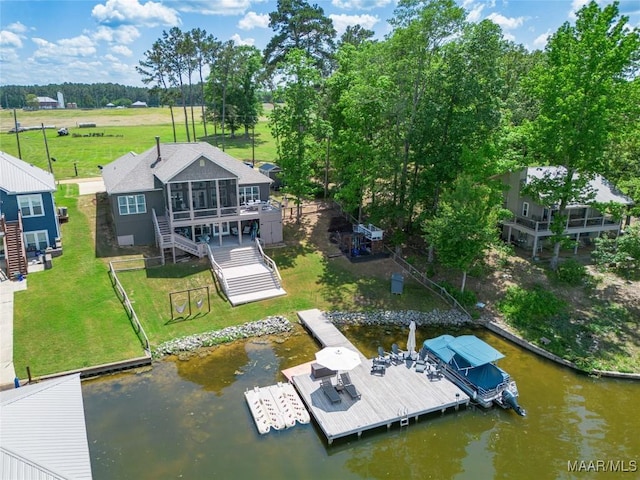 529 Hickory Dr, Wetumpka, AL 36092 - dock featuring stairs, a lawn, and a deck with water view