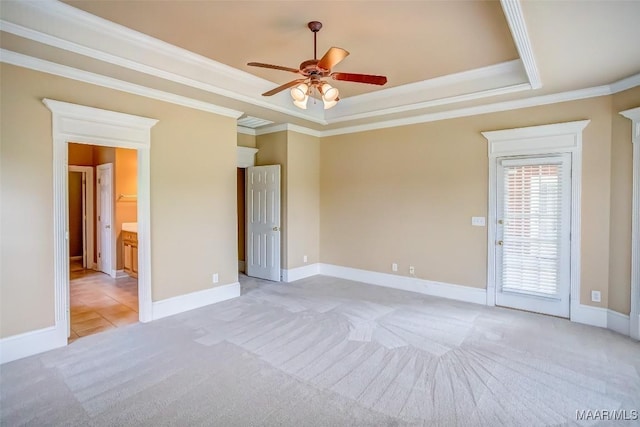 8330 Chadburn Way, Montgomery, AL 36116 - spare room featuring light colored carpet, ceiling fan, a tray ceiling, and crown molding