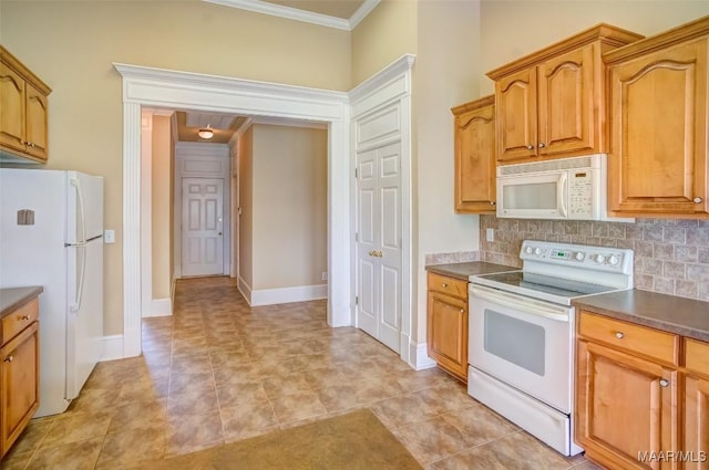 8330 Chadburn Way, Montgomery, AL 36116 - kitchen with white appliances, dark countertops, crown molding, backsplash, and brown cabinetry