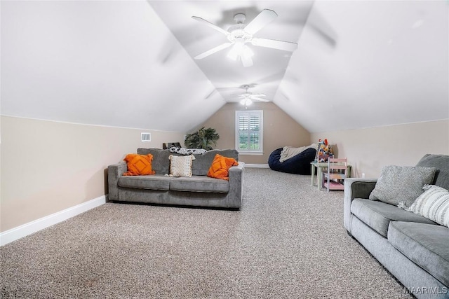 145 Mountain Meadows Ln, Wetumpka, AL 36093 - carpeted living room featuring lofted ceiling and a ceiling fan