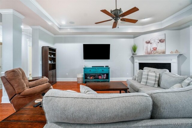 145 Mountain Meadows Ln, Wetumpka, AL 36093 - living room featuring wood finished floors, ceiling fan, a tray ceiling, ornamental molding, and a fireplace