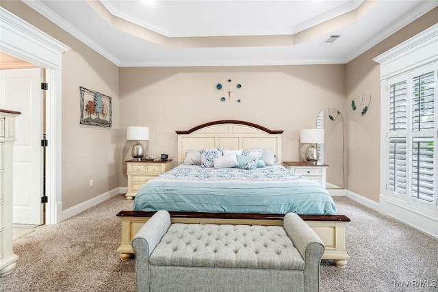 145 Mountain Meadows Ln, Wetumpka, AL 36093 - bedroom with a tray ceiling, light carpet, and crown molding