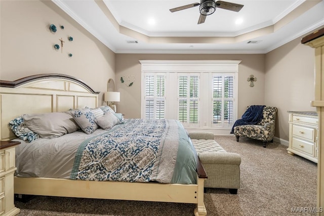 145 Mountain Meadows Ln, Wetumpka, AL 36093 - bedroom featuring a raised ceiling, crown molding, carpet flooring, and a ceiling fan