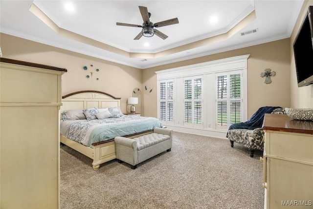 145 Mountain Meadows Ln, Wetumpka, AL 36093 - carpeted bedroom featuring a raised ceiling, crown molding, and ceiling fan