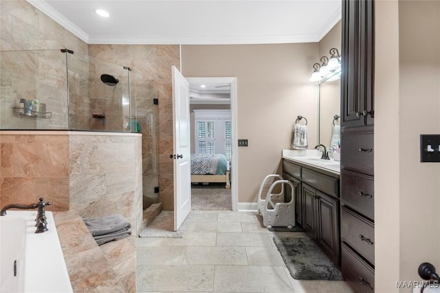 145 Mountain Meadows Ln, Wetumpka, AL 36093 - full bathroom with ornamental molding, vanity, a tile shower, ensuite bath, and recessed lighting