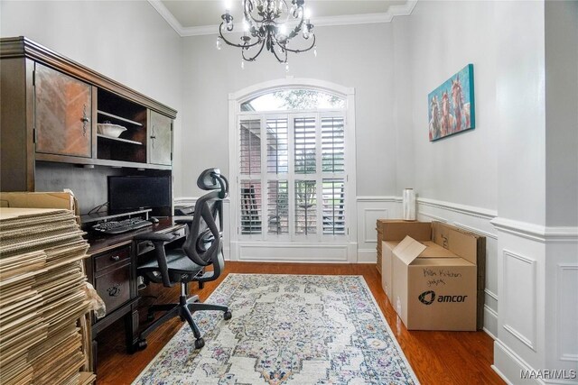 145 Mountain Meadows Ln, Wetumpka, AL 36093 - office space with a chandelier, wood finished floors, ornamental molding, wainscoting, and a decorative wall