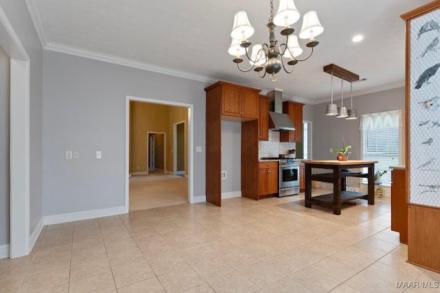 204 St Thomas Ave, Wetumpka, AL 36092 - kitchen with high end stove, wall chimney range hood, brown cabinetry, light tile patterned flooring, and ornamental molding