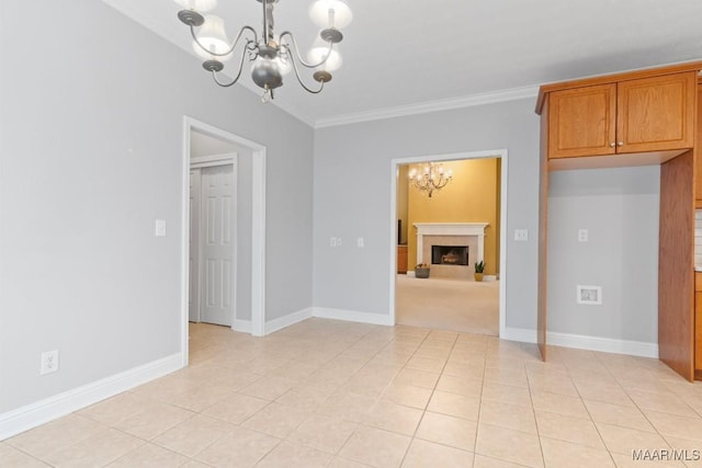 204 St Thomas Ave, Wetumpka, AL 36092 - unfurnished dining area featuring a chandelier, crown molding, a fireplace, and light tile patterned floors