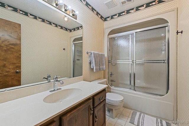 4015 Snowdoun Chambers Rd, Montgomery, AL 36116 - full bathroom with vanity, tile patterned floors, shower / bath combination with glass door, and wallpapered walls