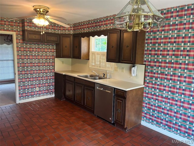 216 Cone Dr, Selma, AL 36701 - kitchen with stainless steel dishwasher, wallpapered walls, brick patterned flooring, light countertops, and ceiling fan