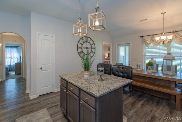 6642 Triston Way, Montgomery, AL 36117 - kitchen with dark wood finished floors, arched walkways, a chandelier, and hanging light fixtures
