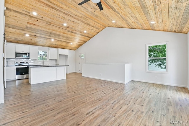 1415 Gold Mine Branch Rd, Marbury, AL 36051 - unfurnished living room with wooden ceiling, a ceiling fan, light wood-style floors, vaulted ceiling, and recessed lighting