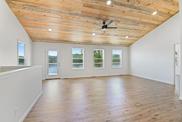 1415 Gold Mine Branch Rd, Marbury, AL 36051 - unfurnished living room with wood ceiling, vaulted ceiling, wood finished floors, a ceiling fan, and recessed lighting