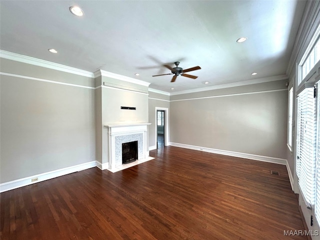 2412 College St, Montgomery, AL 36106 - unfurnished living room with ceiling fan, a fireplace with flush hearth, plenty of natural light, dark wood-style flooring, and recessed lighting