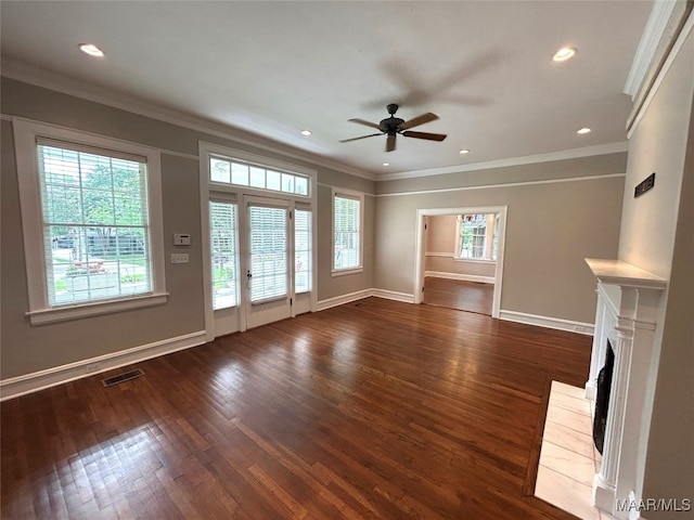 2412 College St, Montgomery, AL 36106 - unfurnished living room with ceiling fan, wood finished floors, ornamental molding, a fireplace, and recessed lighting