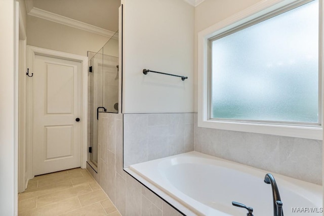 79 Birchwood Ln, Wetumpka, AL 36093 - full bathroom with a stall shower, a garden tub, ornamental molding, and tile patterned floors