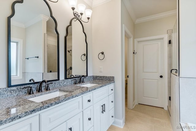 79 Birchwood Ln, Wetumpka, AL 36093 - bathroom featuring crown molding, double vanity, tile patterned flooring, and a tile shower