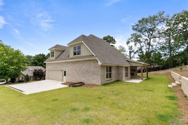 79 Birchwood Ln, Wetumpka, AL 36093 - back of house with brick siding, driveway, a yard, an attached garage, and roof with shingles
