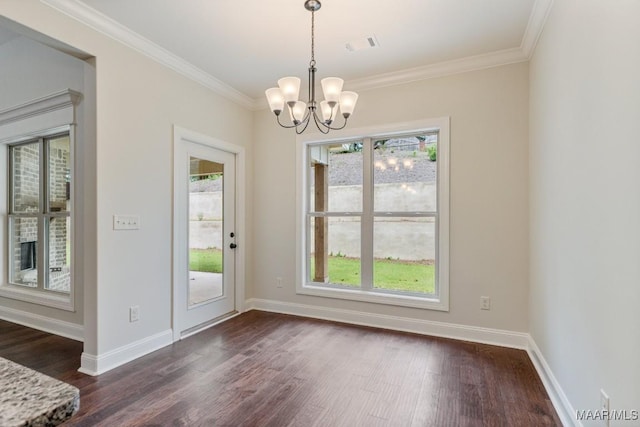 79 Birchwood Ln, Wetumpka, AL 36093 - unfurnished dining area featuring dark wood-style flooring, a chandelier, and ornamental molding