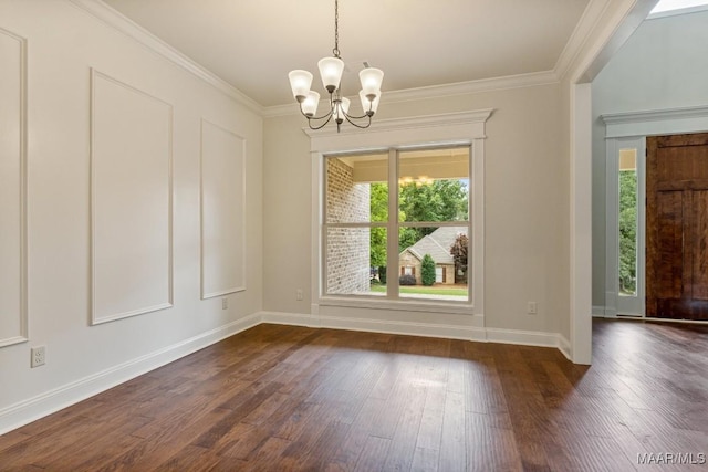 79 Birchwood Ln, Wetumpka, AL 36093 - unfurnished dining area with dark wood-style flooring, a chandelier, and ornamental molding
