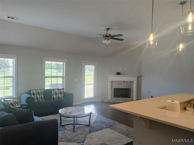 512 Lismore Pl, Montgomery, AL 36117 - living area featuring a ceiling fan, dark wood-style flooring, and a fireplace