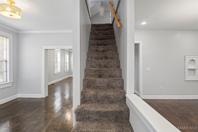 1310 Woodward Ave, Montgomery, AL 36106 - staircase featuring wood finished floors, ornamental molding, and recessed lighting