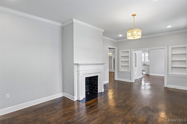 1310 Woodward Ave, Montgomery, AL 36106 - unfurnished living room with built in features, crown molding, a fireplace, wood finished floors, and recessed lighting