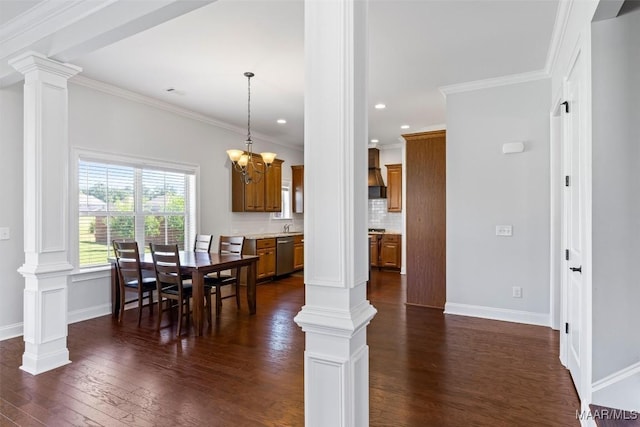 8465 Melbourne Cir, Montgomery, AL 36117 - dining area featuring dark wood-style flooring, ornamental molding, a chandelier, decorative columns, and recessed lighting