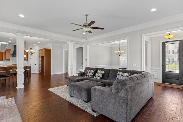 8465 Melbourne Cir, Montgomery, AL 36117 - living area featuring a chandelier, dark wood-type flooring, ceiling fan, stairway, and recessed lighting