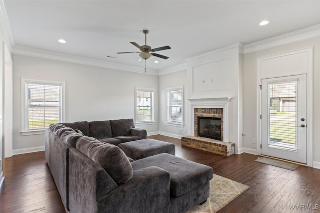 8465 Melbourne Cir, Montgomery, AL 36117 - living room with ceiling fan, plenty of natural light, dark wood finished floors, a fireplace, and ornamental molding