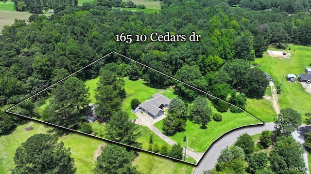 165 Ten Cedars Dr, Titus, AL 36080 - aerial view of property and surrounding area with property parcel outlined and a heavily wooded area