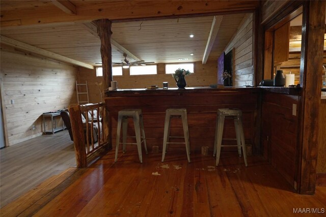 2044 Williamson Rd, Luverne, AL 36049 - indoor dry bar with wood walls, hardwood / wood-style floors, a wood ceiling with exposed beams, and ceiling fan