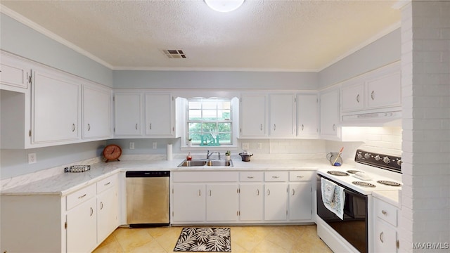 461 Glade Park Dr, Montgomery, AL 36109 - kitchen featuring dishwasher, white electric range oven, under cabinet range hood, a textured ceiling, and white cabinets