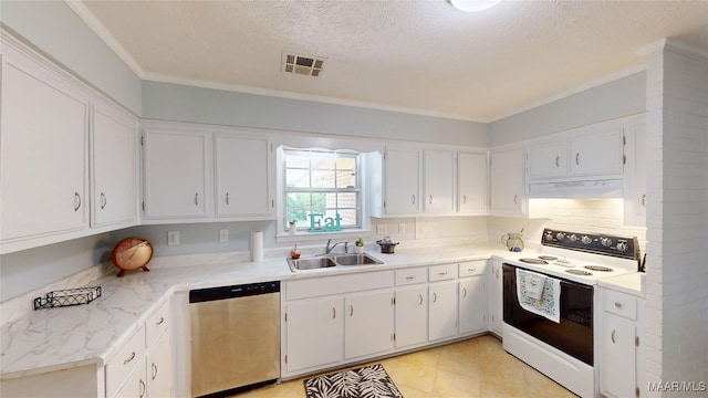 461 Glade Park Dr, Montgomery, AL 36109 - kitchen featuring dishwasher, white electric range oven, under cabinet range hood, white cabinetry, and crown molding