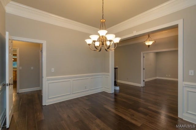 7025 Wynlakes Blvd, Montgomery, AL 36117 - empty room with ornamental molding, a chandelier, dark wood-type flooring, and wainscoting
