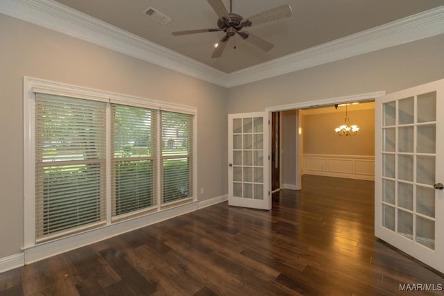 7025 Wynlakes Blvd, Montgomery, AL 36117 - empty room with a chandelier, ornamental molding, wood finished floors, french doors, and ceiling fan