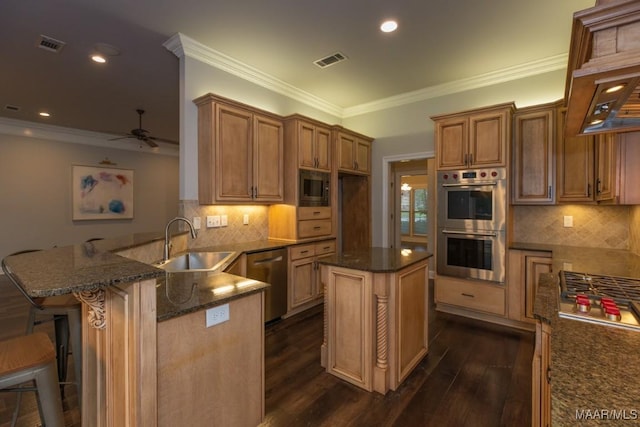 7025 Wynlakes Blvd, Montgomery, AL 36117 - kitchen with stainless steel appliances, ceiling fan, dark stone counters, dark wood finished floors, and a peninsula