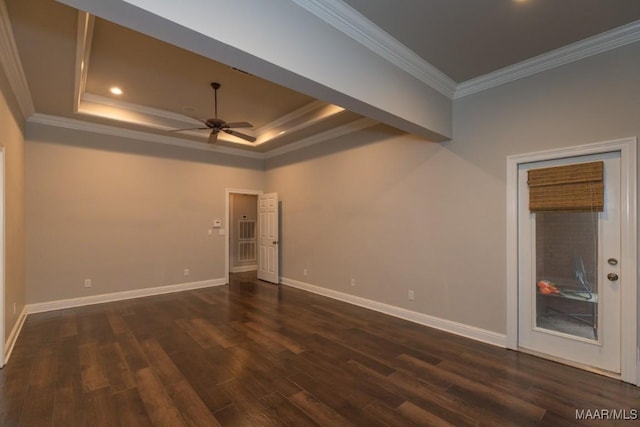 7025 Wynlakes Blvd, Montgomery, AL 36117 - spare room featuring crown molding, ceiling fan, dark wood finished floors, a tray ceiling, and recessed lighting