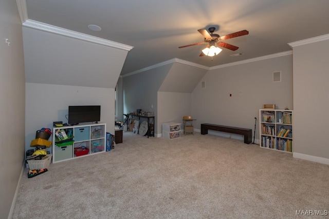 7025 Wynlakes Blvd, Montgomery, AL 36117 - rec room with ceiling fan, carpet, vaulted ceiling, and crown molding