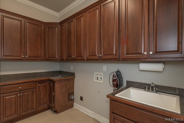 7025 Wynlakes Blvd, Montgomery, AL 36117 - laundry area featuring hookup for a washing machine, cabinet space, electric dryer hookup, ornamental molding, and light tile patterned floors