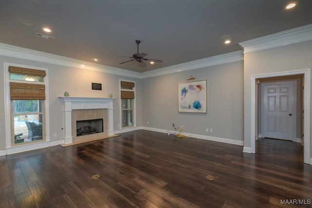 7025 Wynlakes Blvd, Montgomery, AL 36117 - unfurnished living room with ceiling fan, ornamental molding, a fireplace, wood finished floors, and recessed lighting