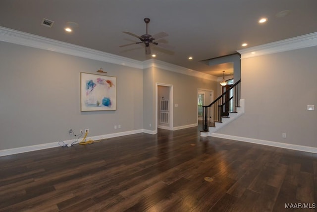 7025 Wynlakes Blvd, Montgomery, AL 36117 - spare room featuring crown molding, a ceiling fan, dark wood finished floors, stairs, and recessed lighting