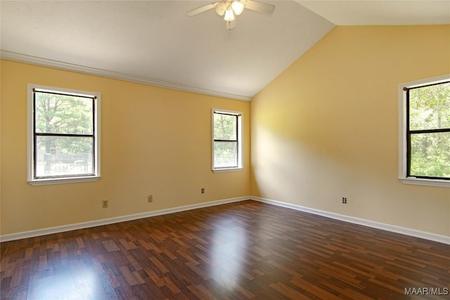 1245 Providence Rd, Titus, AL 36080 - empty room with a ceiling fan, dark wood-type flooring, and vaulted ceiling